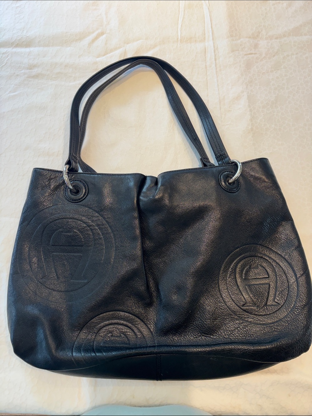 Black Leather Tote Bag with Embossed Logo